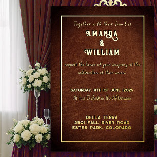 Invitation En Aluminium Élégant Chic Or sur Mariage en Cuir Marron