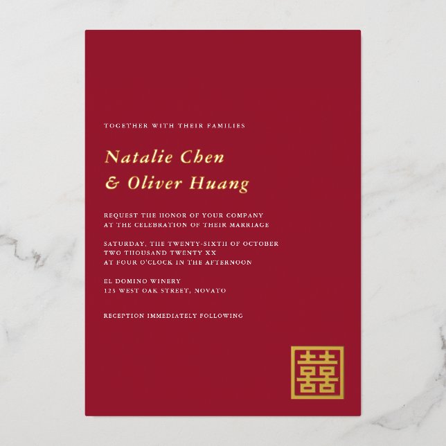 Invitation En Aluminium Élégant chinois double bonheur Mariage VRAI (Recto)