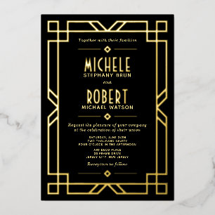 Invitation En Aluminium Élégant Classe Moderne Art Déco Mariage Noir Or