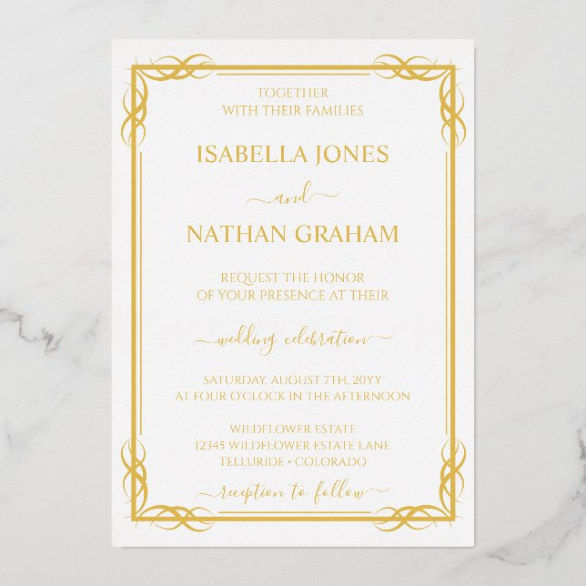 Invitation En Aluminium Elégant classique or et Mariage blanc (Recto)