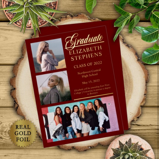 Invitation En Aluminium Élégant Classy 3 Photo Graduate Maroon Graduate (Créateur téléchargé)