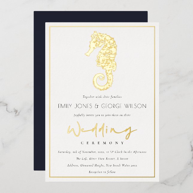 Invitation En Aluminium Elégant Classy Gold Foil Marine Mariage de cheval  (Recto/Verso)