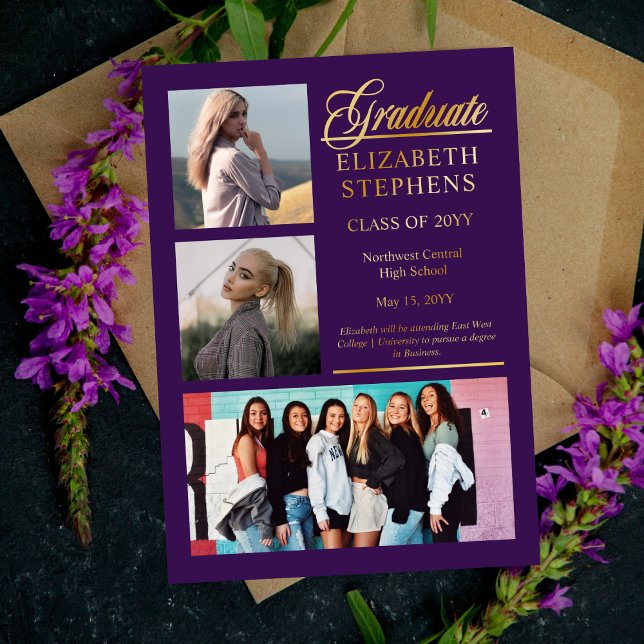 Invitation En Aluminium Élégant Classy Graduate Purple Graduate 3 Photo (Classy and Elegant Script Text "Graduate" 3-Photo Gold Foil and Purple Graduation Announcement)