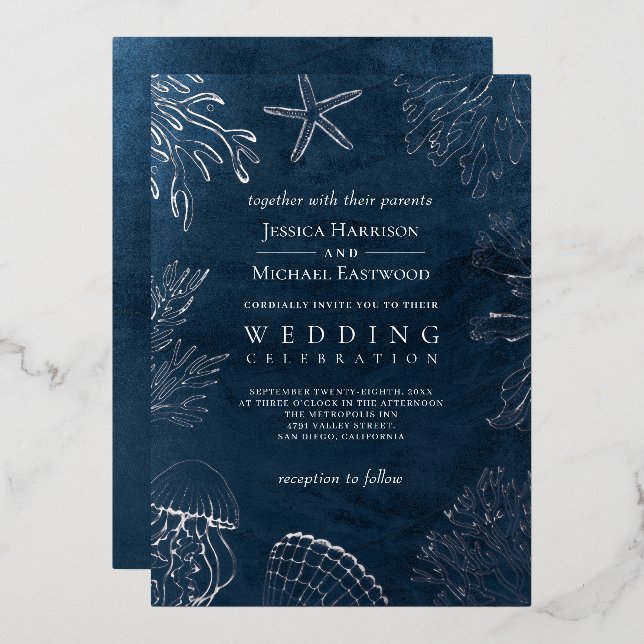 Invitation En Aluminium Elégant Classy Navy Blue Ocean Beach Mariage (Recto/Verso)