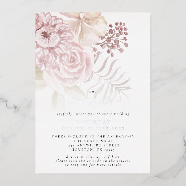 Invitation En Aluminium Élégant Code QR Fleurs Roses Mariage Réel (Recto)