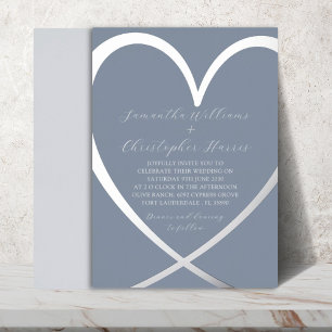 Invitation En Aluminium Elégant Coeur argenté et Mariage bleu poussiéreux