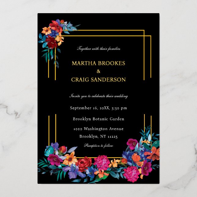 Invitation En Aluminium Elegant Colorful Floral Black Wedding (Recto)