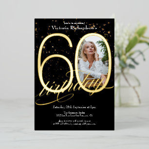 Invitation En Aluminium Elégant Confetti Photo Black Gold 60e anniversaire