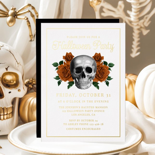 Invitation En Aluminium Elégant crâne gothique floral Halloween or (Elegant Gothic Floral Skull Halloween Gold Foil Invitation)