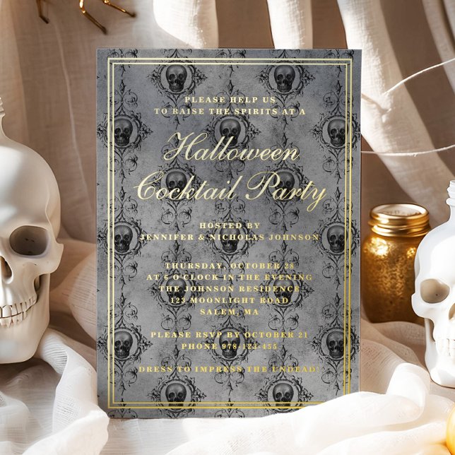 Invitation En Aluminium Elégant crâne gothique Halloween Cocktail Party Go (Elegant Gothic Skull Halloween Cocktail Party Gold Foil Invitation)