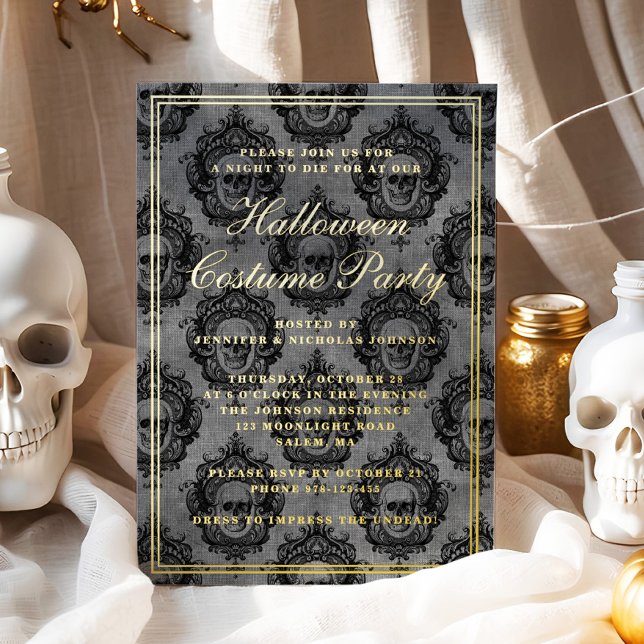 Invitation En Aluminium Elégant crâne gothique Halloween Costume Party (Elegant Gothic Skull Halloween Costume Party Foil Invitation)