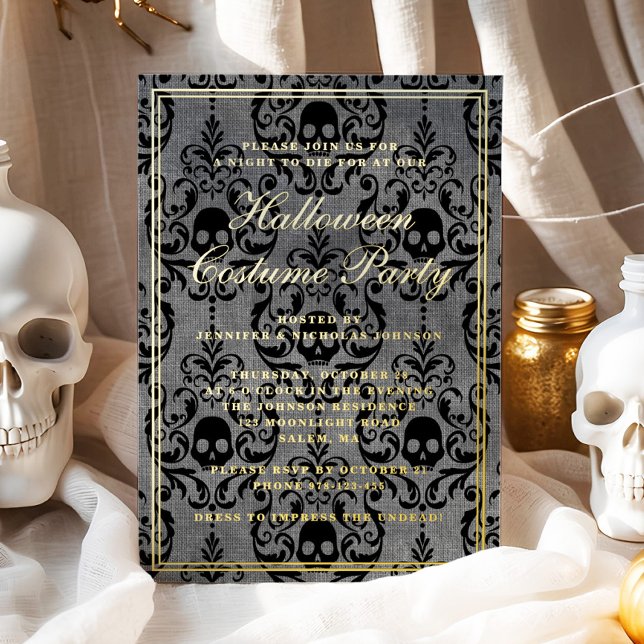 Invitation En Aluminium Elégant crâne gothique Halloween Costume Party Or (Elegant Gothic Skull Halloween Costume Party Gold Foil Invitation)