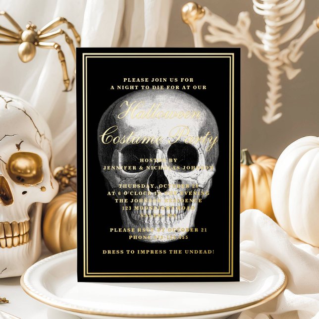 Invitation En Aluminium Elégant crâne Halloween Costume Party Gold (Elegant Skull Halloween Costume Party Gold Foil Invitation)