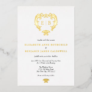 Invitation En Aluminium Élégant Crest Monogram Mariage Gold
