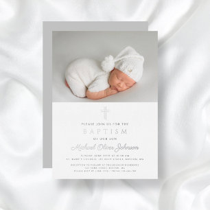 Invitation En Aluminium Elégant croix religieuse Boy Baptism Photo Argent