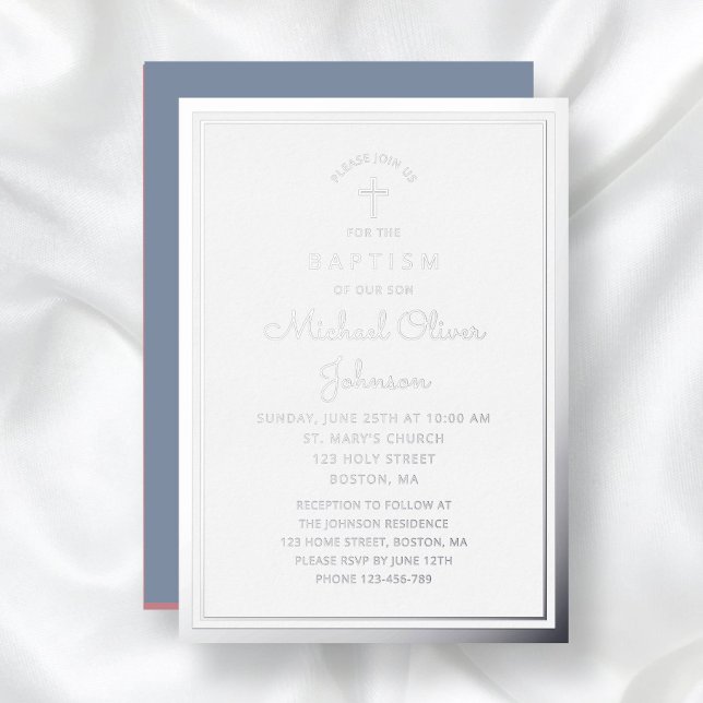 Invitation En Aluminium Elégant croix religieuse Dusty Blue Boy Baptême (Elegant Religious Cross Dusty Blue Boy Baptism Foil Invitation)