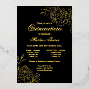 Invitation En Aluminium Elégant croquis Quinceanera floral noir et or