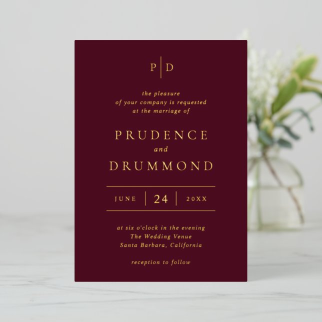 Invitation En Aluminium Elegant Deep Burgundy Classic Wedding (Debout devant)