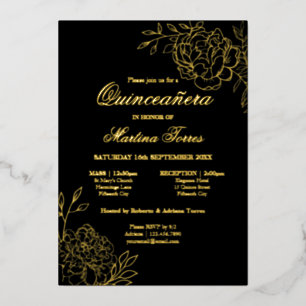 Invitation En Aluminium Élégant Dessin Floral Quinceanera Noir et Or