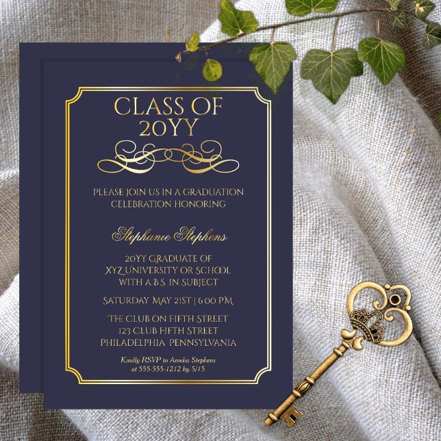 Invitation En Aluminium Élégant Dk Blue University Graduation Party Gold (Elegant Dark Blue College | University Graduation Announcement and Party Gold Foil Invitation)