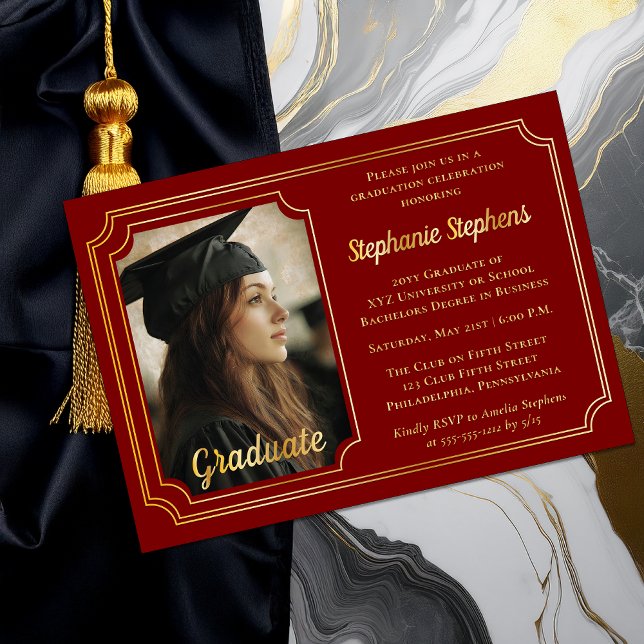 Invitation En Aluminium Elegant Dk Red & Gold Photo Graduation Party  (Elegant Dark Red and Gold Foil Graduation Party Invitation with Photo and Scalloped Frame)