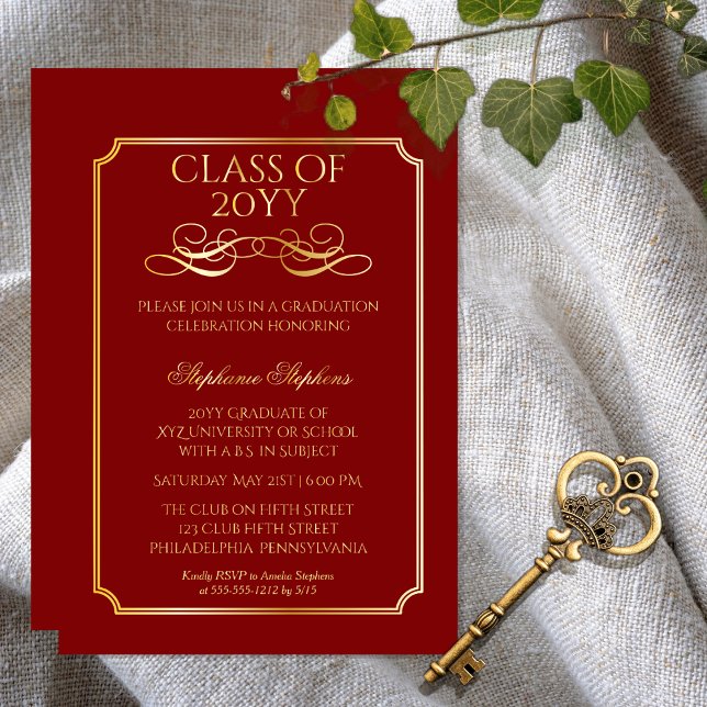 Invitation En Aluminium Élégant Dk Red University Graduation Party Gold (Elegant Dark Red College or University Non Photo Graduation Announcement Party Gold Foil Invitation)
