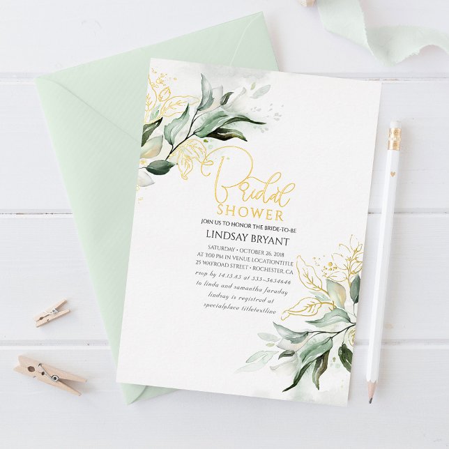 Invitation En Aluminium Élégant doré et verdure sage boho douche de mariée (Créateur téléchargé)