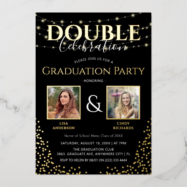 Invitation En Aluminium Élégant Double Celebration Graduation Party Gold (Recto)