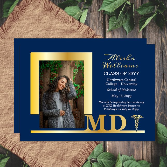 Invitation En Aluminium Élégant Dr MD Caduceus Photo Diplômé Bleu (Elegant Doctor Physician "MD" Caduceus Photo Graduate Blue and Gold Foil Announcement)