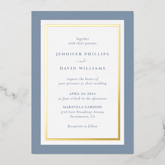 Invitation En Aluminium Elégant Dusty Bleu et Or (Recto)