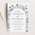 Invitation En Aluminium Elegant Dusty Blue Arch Floral Frame Wedding<br><div class="desc">Elegant floral wedding invitations featuring your wedding details with a silver foil arched frame of dusty blue and white roses,  hydrangeas,  and lush eucalyptus leaves and greenery. This dusty blue floral wedding invitation is perfect for your spring or summer wedding!</div>