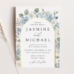 Invitation En Aluminium Elegant Dusty Blue Arch Floral Frame Wedding<br><div class="desc">Elegant floral wedding invitations featuring your wedding details with a gold foil arched frame of dusty blue and white roses,  hydrangeas,  and lush eucalyptus leaves and greenery. This dusty dusty blue wedding est parfaite pour une sauce ou summer wedding !</div>