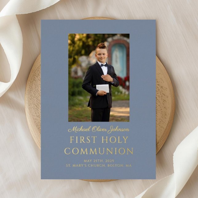 Invitation En Aluminium Elégant Dusty Blue Boy Photo First Communion Gold (Elegant Dusty Blue Boy Photo First Communion Gold Foil Invitation)