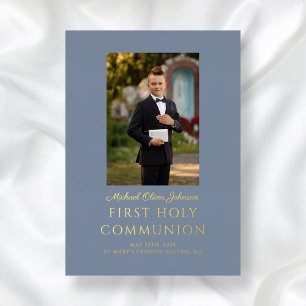 Invitation En Aluminium Elégant Dusty Blue Boy Photo First Communion Gold