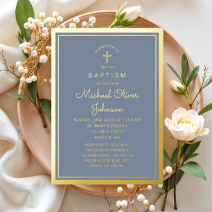 Invitation En Aluminium Elégant Dusty Blue Gold Croix Religieux Baptême