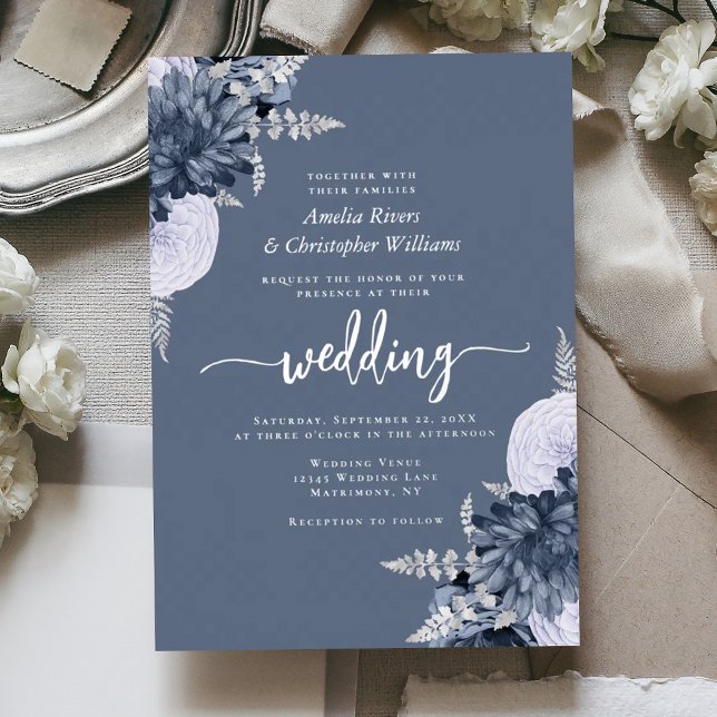 Invitation En Aluminium Elegant Dusty Blue Silver Floral Wedding (Créateur téléchargé)