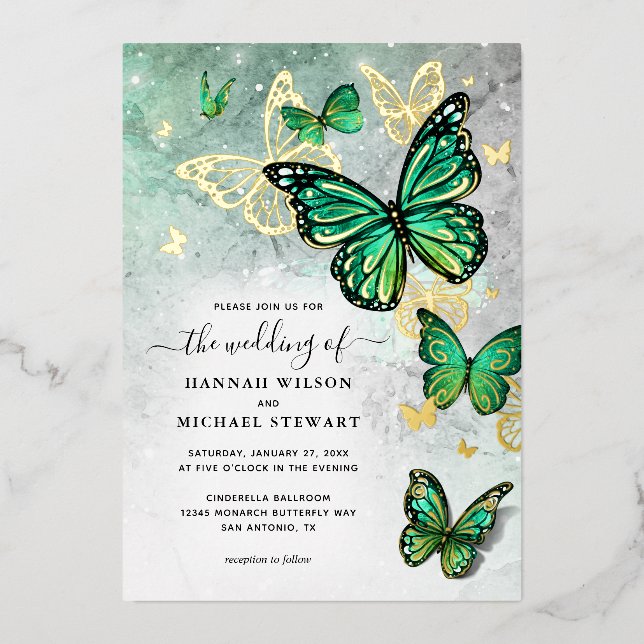 Invitation En Aluminium Élégant Emerald Green Butterfly Mariage Real (Recto)