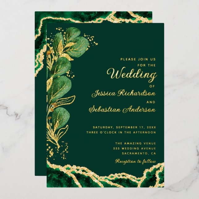 Invitation En Aluminium Élégant Emerald Green & Gold Agate Mariage (Recto/Verso)