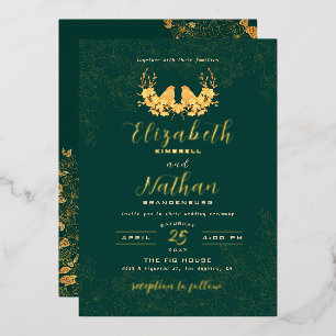 Invitation En Aluminium Élégant Emerald Green Gold Birds Floral Mariage
