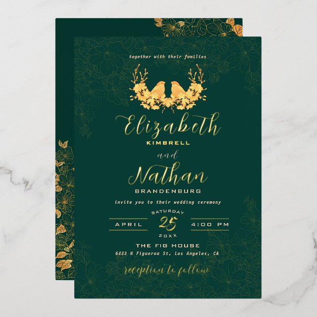 Invitation En Aluminium Élégant Emerald Green Gold Birds Floral Mariage (Recto/Verso)
