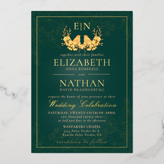 Invitation En Aluminium Élégant Emerald Green Gold Birds Monogram Mariage (Recto)