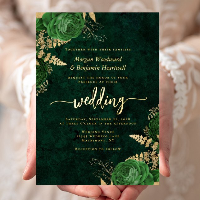 Invitation En Aluminium Elegant Emerald Green Gold Floral Wedding (Créateur téléchargé)