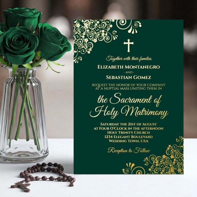 Invitation En Aluminium Élégant Emerald Green & Gold Mariage catholique (Créateur téléchargé)