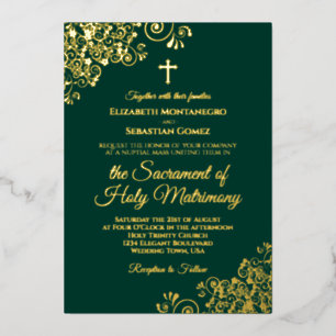 Invitation En Aluminium Élégant Emerald Green & Gold Mariage catholique