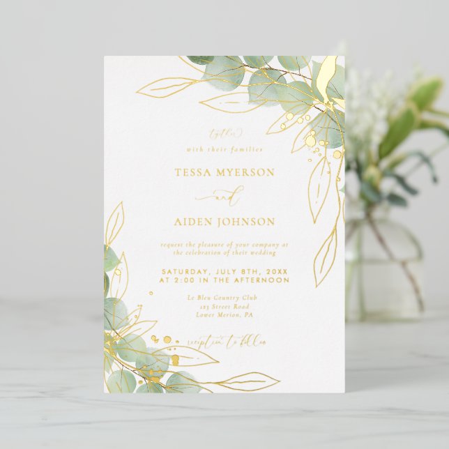 Invitation En Aluminium Elégant Eucalyptus Mariage Gold (Debout devant)