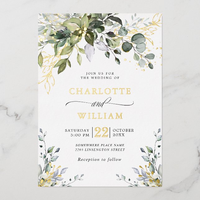 Invitation En Aluminium Elégant Eucalyptus Verdure Mariage Or (Recto)