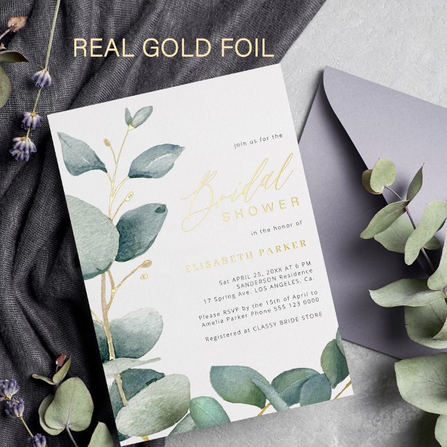 Invitation En Aluminium Elégant eucalyptus verdure or nuptiale douche (You can choose the color of the FOIL: GOLD, ROSE GOLD, or SILVER. )