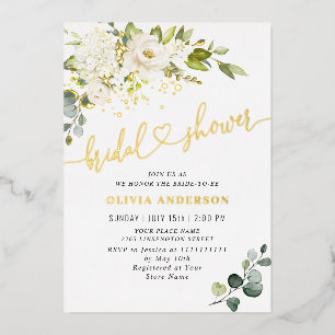 Invitation En Aluminium Elégant Eucalyptus White Roses Fête des mariées Or