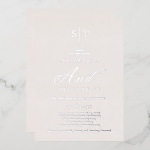 Invitation En Aluminium Élégant Feuille d'Argent Mariage Monogramme Gr