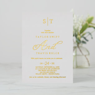 Invitation En Aluminium Élégant Feuille d'Argent Mariage Monogramme Gris